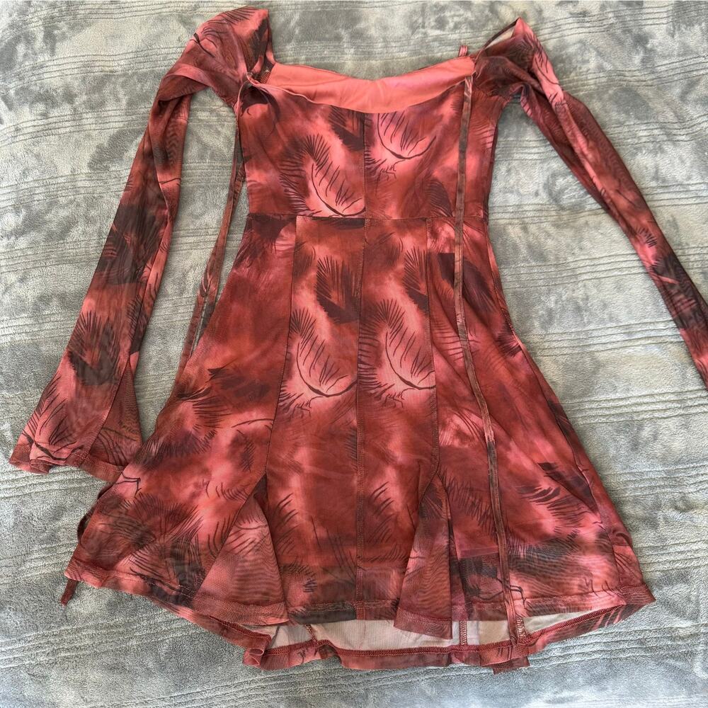 Cider Red Mesh Long Bell Sleeved Off The Shoulder Mini Dress Women's XS - Picture 6 of 11